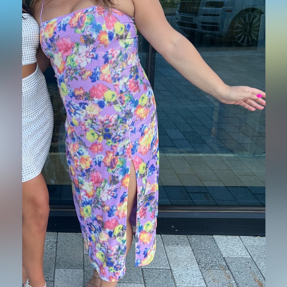 Lulus Irresistible Shine Lavender Floral Print Sequin Midi Dress